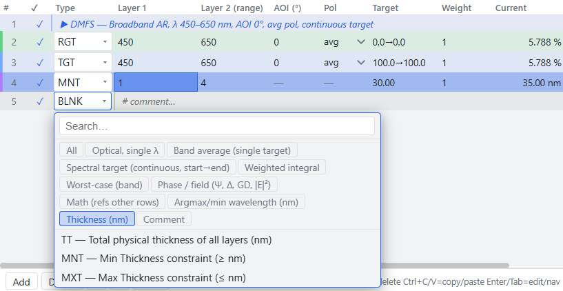 Thickness operands in merit function editor